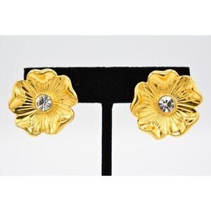 Premier USA Vintage Clip On Earrings Rhinestone Crystal Flower Gold Signed BinAO